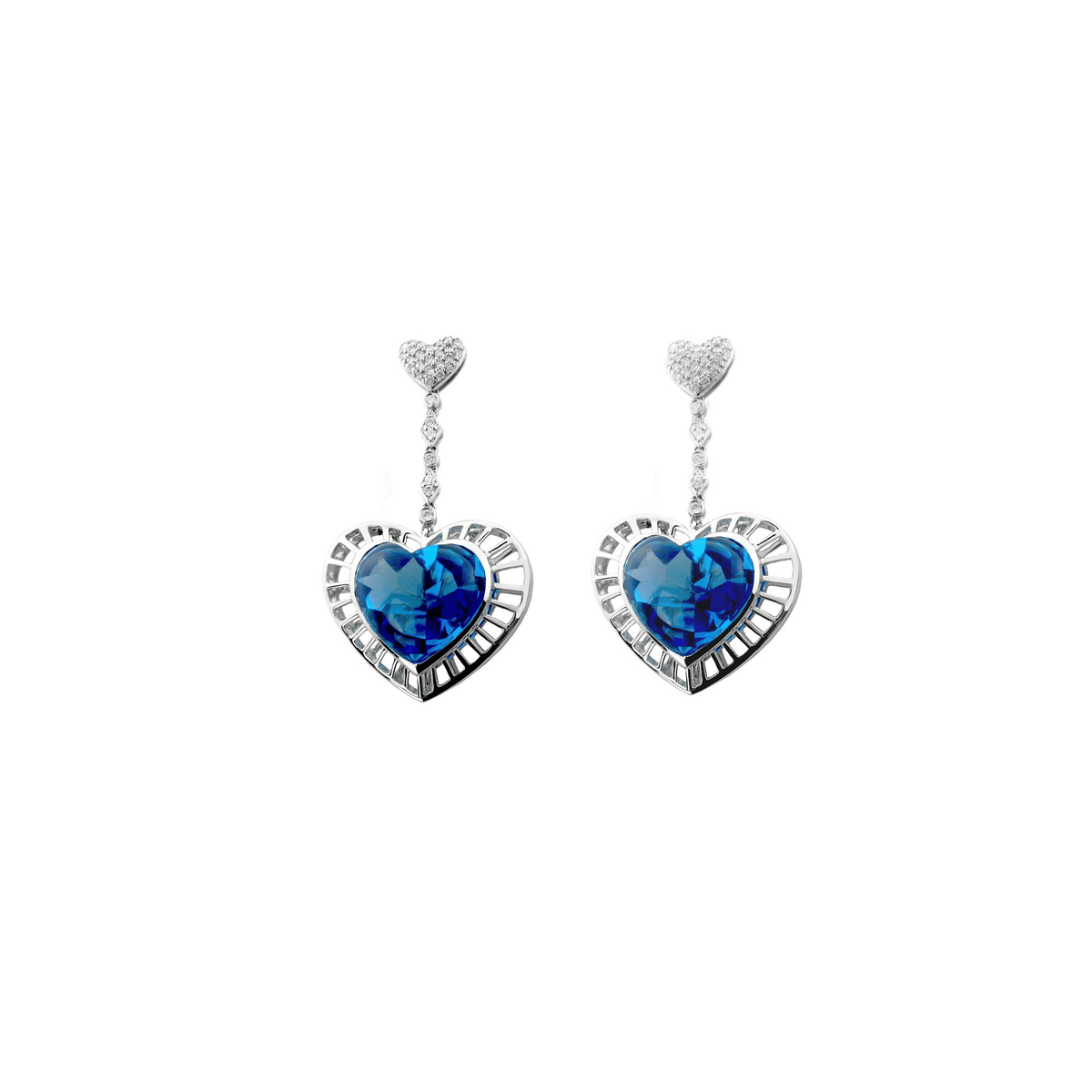 Women’s Heart Shaped Earrings - Blue Topaz Heart Earrings in 18 Karat White Gold