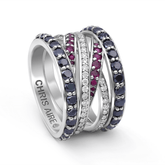 Ring-18 Karat White Gold With Rubies, Black and White Diamonds For Women