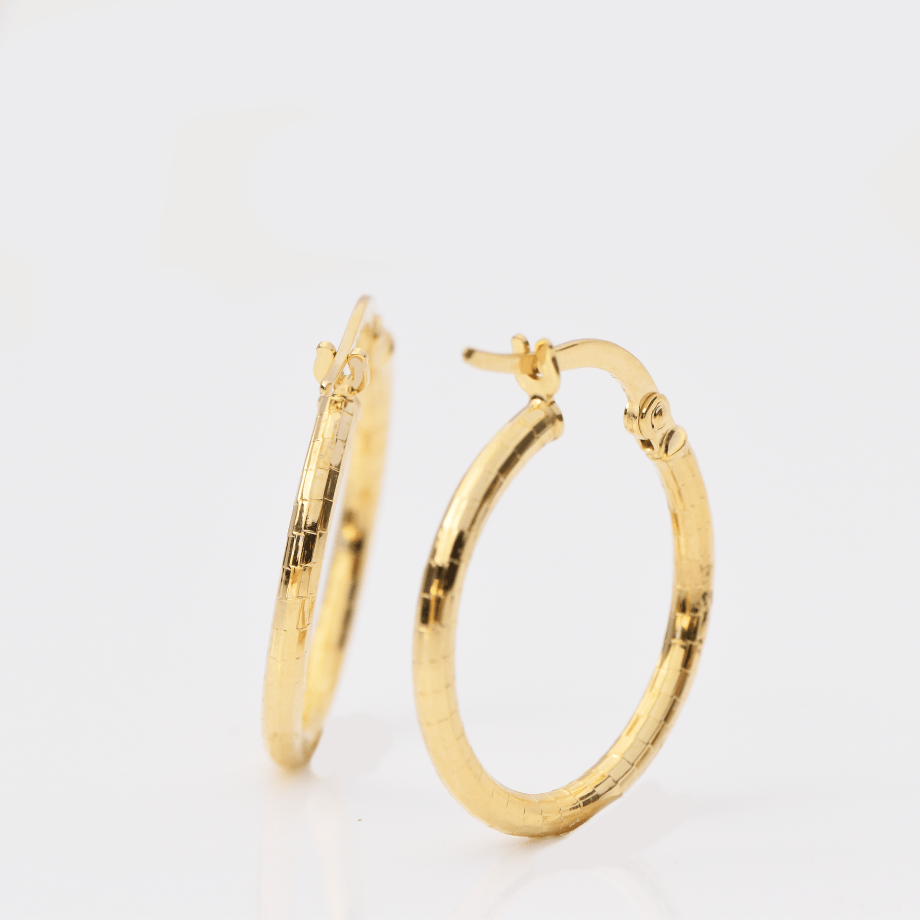 14k Yellow Gold Satin & Diamond Cut Hoop Earrings, All Sizes