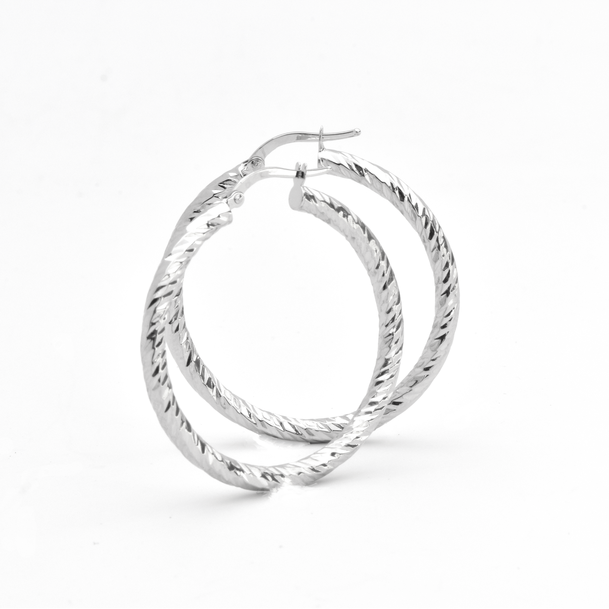 White Gold Hoop Earrings -14-Karat White Gold, Lightweight diamond Cut Hoops: Bright Hoops