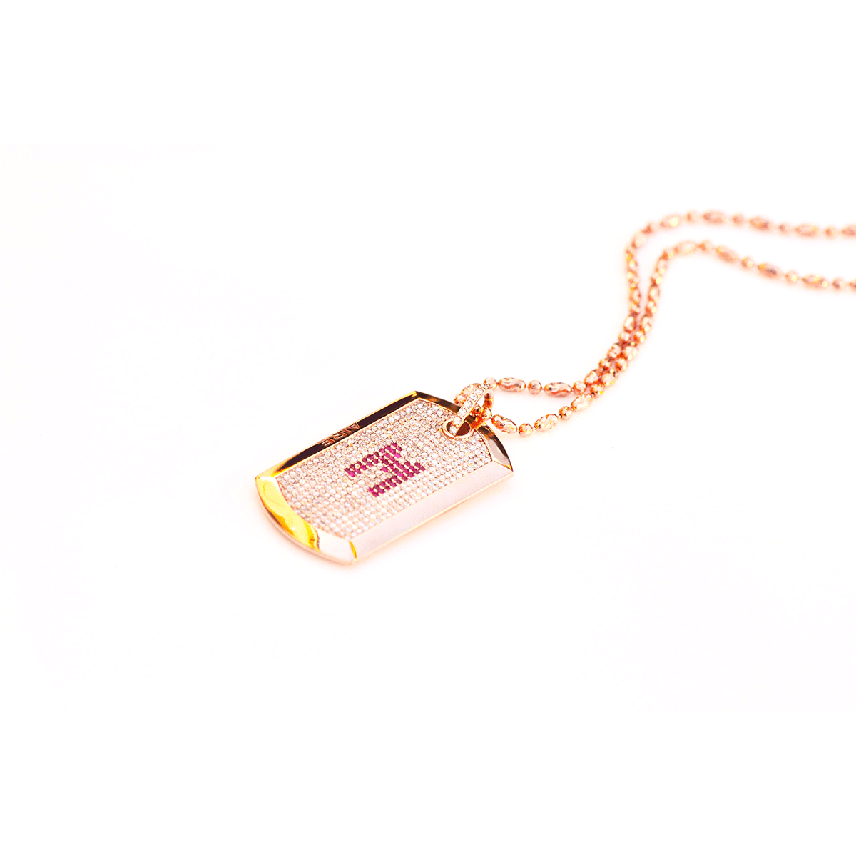 Diamonds and Gold Dog Tag - 18-Karat Amber Hue Gold Full Diamond  Dog Tag with Rubies Necklace - Red Gold®