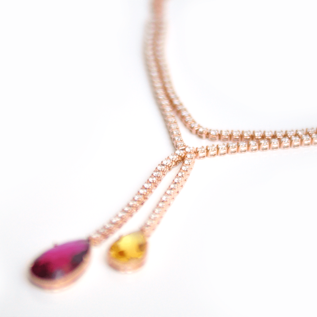 Gem Symphony - Red Tourmaline, Yellow Aquamarine and Diamonds Lariat