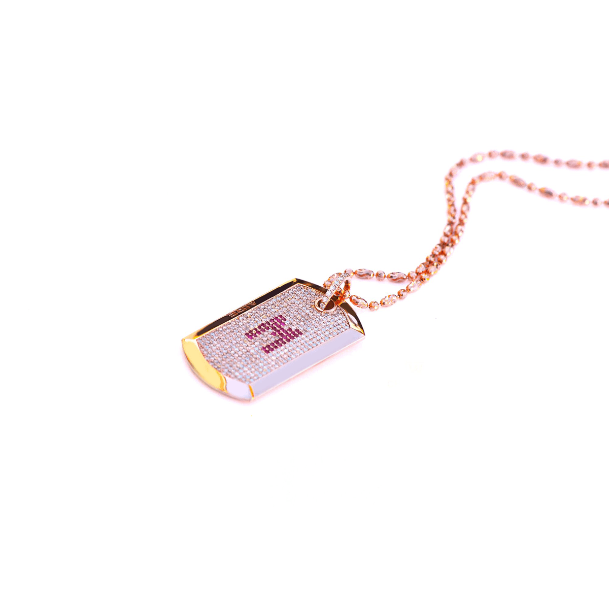 Diamonds and Gold Dog Tag - 18-Karat Amber Hue Gold Full Diamond  Dog Tag with Rubies Necklace - Red Gold®